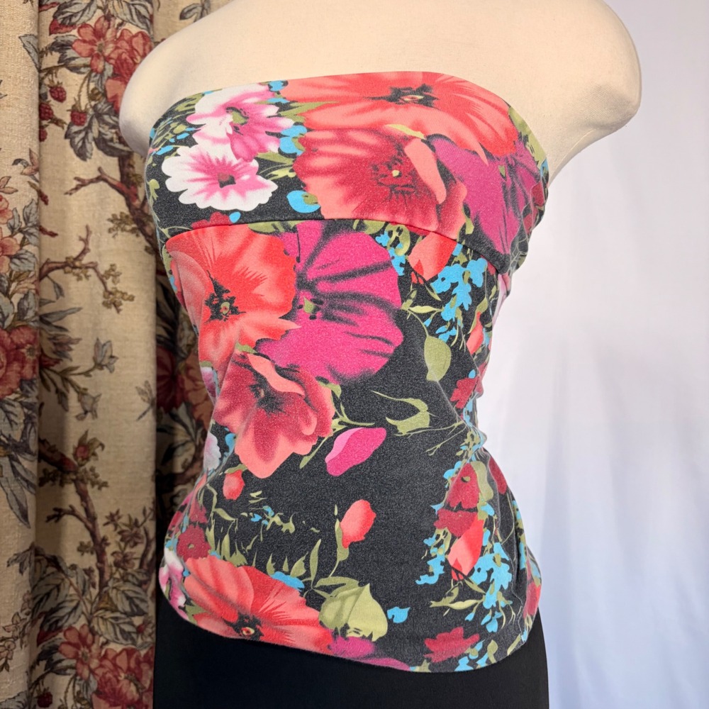 Wet Seal Y2k Stunning Black Floral Bodycon Tube Top or Skirt with pink flowers